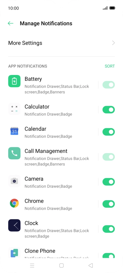 Press the indicators next to the required apps to turn the function on or off.