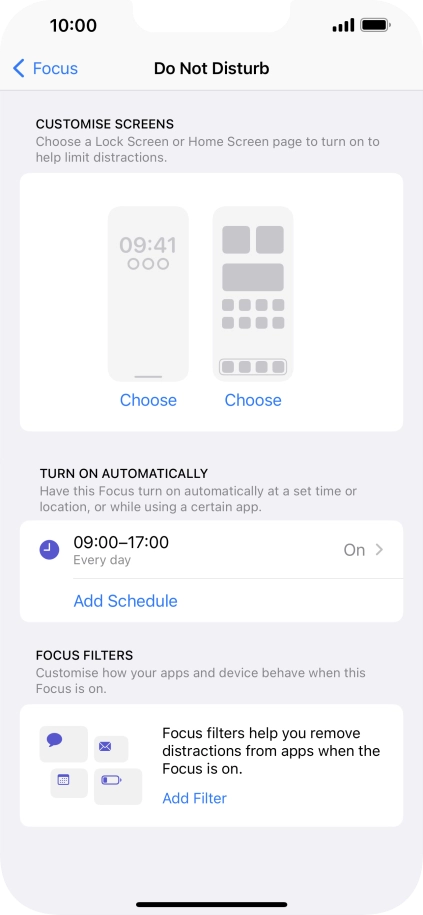 Press Add Schedule and follow the instructions on the screen to select settings for automatic activation of Do Not Disturb.