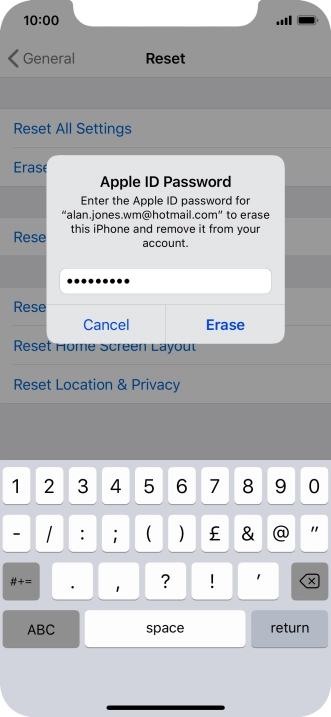 Key in the password for your Apple ID and press Erase. Wait a moment while the factory default settings are restored. Follow the instructions on the screen to set up your phone and prepare it for use.