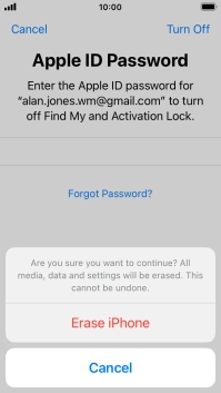 Key in the password for your Apple ID and press Erase iPhone. Wait a moment while the factory default settings are restored. Follow the instructions on the screen to set up your phone and prepare it for use.