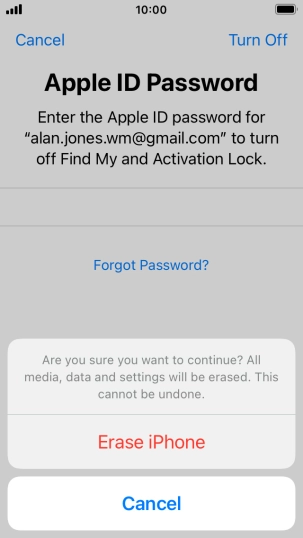 Key in the password for your Apple ID and press Erase iPhone. Wait a moment while the factory default settings are restored. Follow the instructions on the screen to set up your phone and prepare it for use.