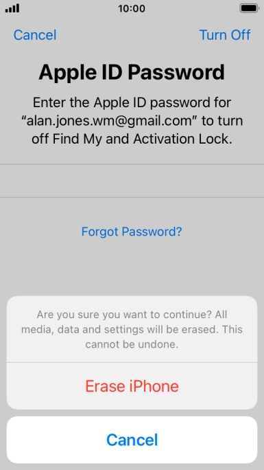 Key in the password for your Apple ID and press Erase iPhone. Wait a moment while the factory default settings are restored. Follow the instructions on the screen to set up your phone and prepare it for use.