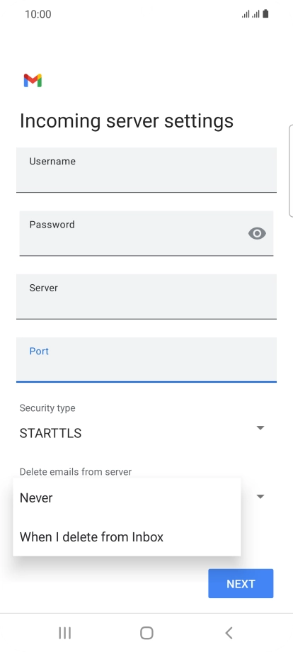 Press Never to keep email messages on the server when you delete them on your phone.