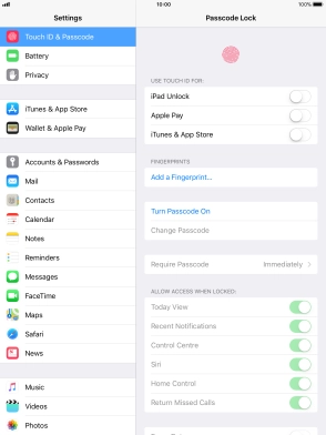 Press Turn Passcode On and key in a lock code of your own choice twice.