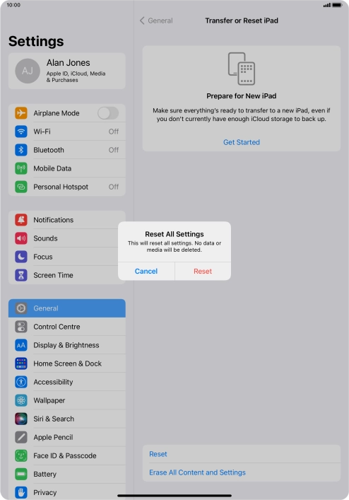 Press Reset. Wait a moment while the factory default settings are restored. Follow the instructions on the screen to set up your tablet and prepare it for use. Press Reset. Wait a moment while the factory default settings are restored. Follow the instructions on the screen to set up your tablet and prepare it for use.