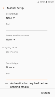 Press Authentication required before sending emails to turn the function on or off. Please note that if you're using Vodafone's outgoing server, turn off SMTP authentication and leave the username and password fields empty.