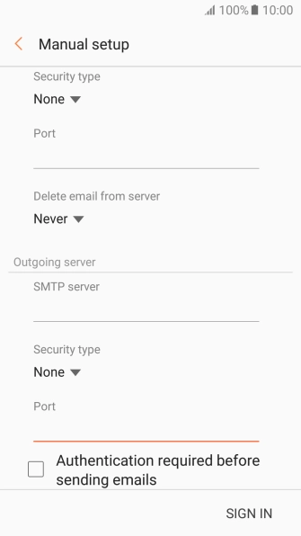 Press Authentication required before sending emails to turn the function on or off. Please note that if you're using Vodafone's outgoing server, turn off SMTP authentication and leave the username and password fields empty.