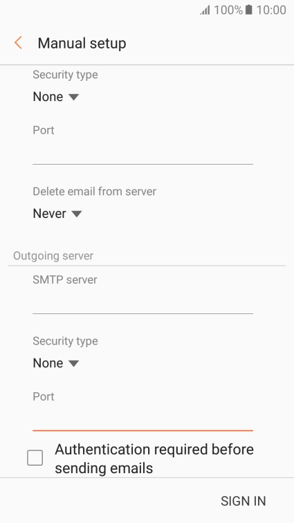 Press Authentication required before sending emails to turn the function on or off. Please note that if you're using Vodafone's outgoing server, turn off SMTP authentication and leave the username and password fields empty.