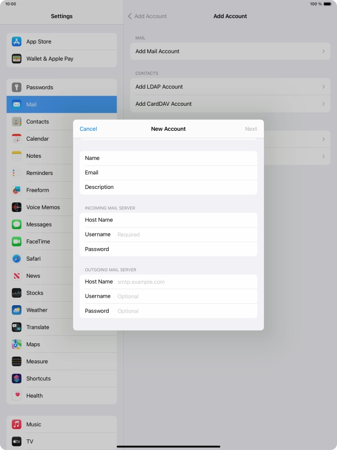 Press Username and key in the username for your email account.