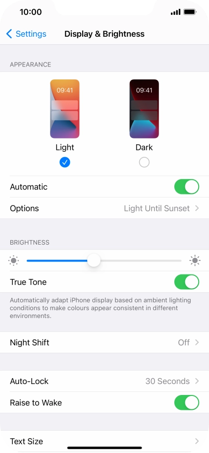 If you turn on the function, press Options and follow the instructions on the screen to select the required period of time for Dark Mode.