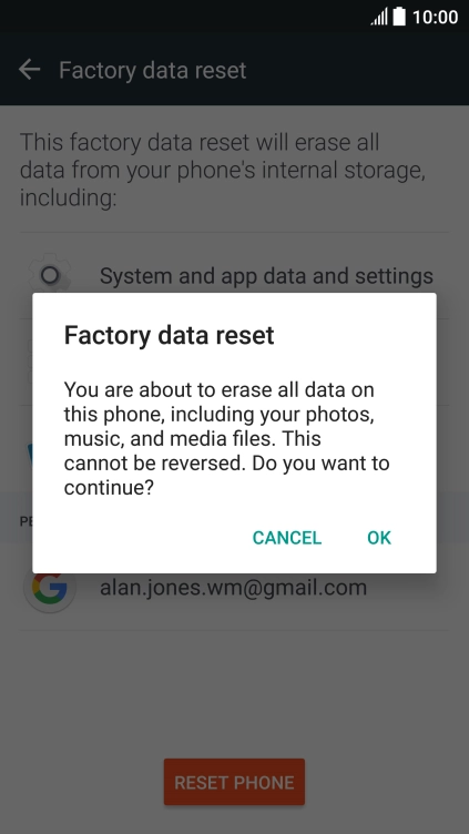 Press OK. Wait a moment while the factory default settings are restored. 
Follow the instructions on the screen to set up your phone and prepare it for use.
