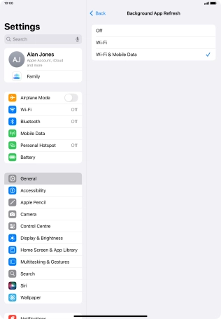 To turn off background refresh of apps, press Off. To turn off background refresh of apps, press Off.