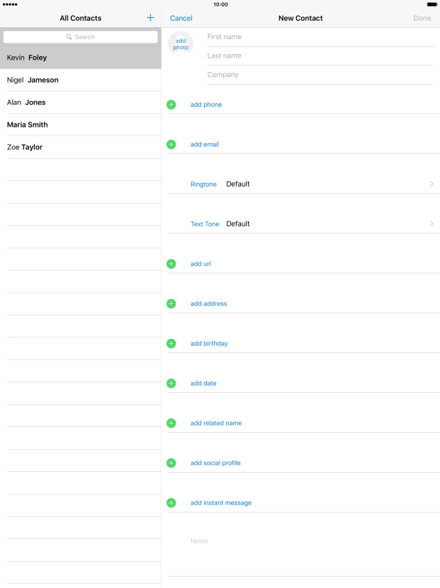 Press First name and key in the first name. Press First name and key in the first name.