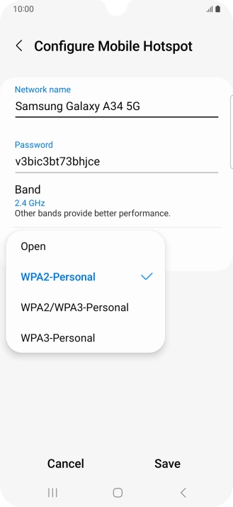 Press WPA3-Personal to password protect your Wi-Fi hotspot.