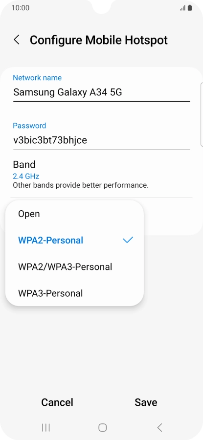 Press WPA3-Personal to password protect your Wi-Fi hotspot.