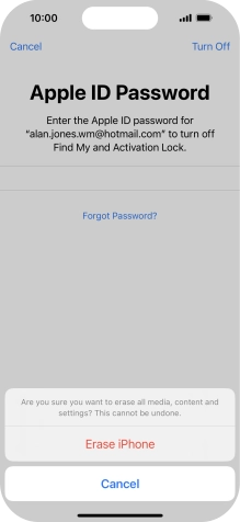 Key in the password for your Apple ID and press Erase iPhone. Wait a moment while the factory default settings are restored. Follow the instructions on the screen to set up your phone and prepare it for use.