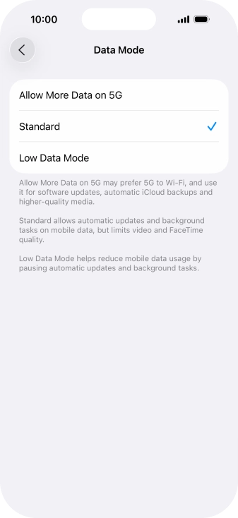 Press the required setting.