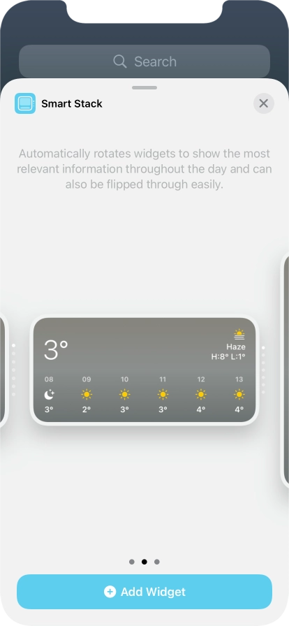 Slide your finger right or left on the screen to select the required widget size.