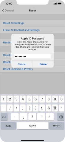 Key in the password for your Apple ID and press Erase. Wait a moment while the factory default settings are restored. Follow the instructions on the screen to set up your phone and prepare it for use.