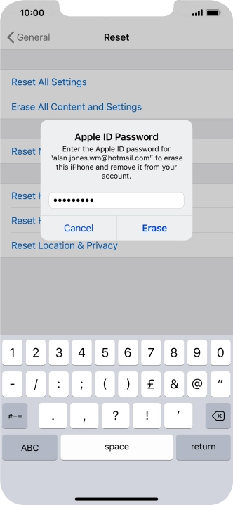 Key in the password for your Apple ID and press Erase. Wait a moment while the factory default settings are restored. Follow the instructions on the screen to set up your phone and prepare it for use.