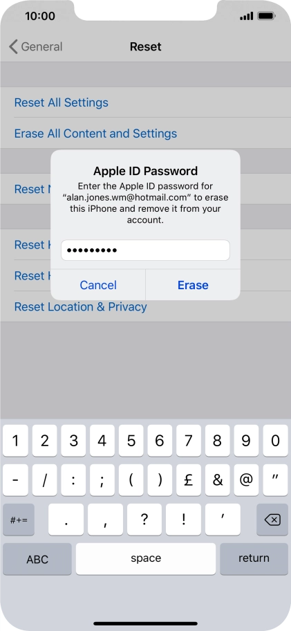 Key in the password for your Apple ID and press Erase. Wait a moment while the factory default settings are restored. Follow the instructions on the screen to set up your phone and prepare it for use.