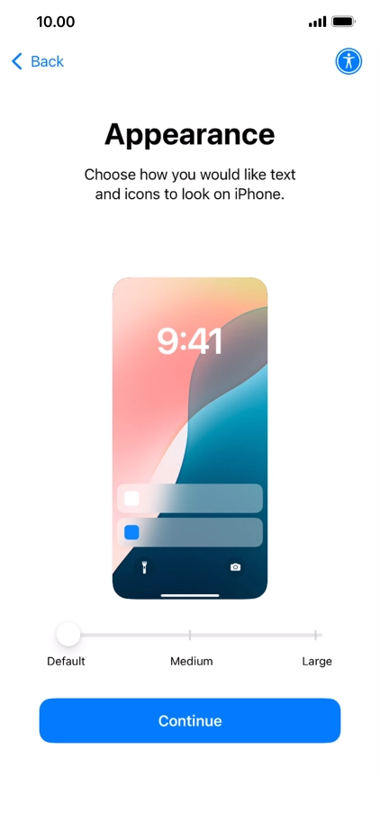 Select the required text and icon size on your phone and press Continue.