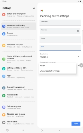 Press Never to keep email messages on the server when you delete them on your tablet.