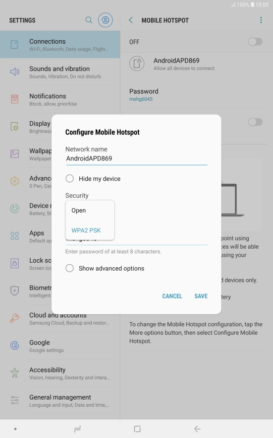 Press WPA2 PSK to password protect your Wi-Fi hotspot.