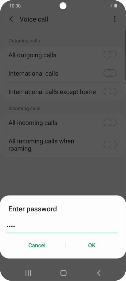 Key in your barring password and press OK. The default barring password is 0000.