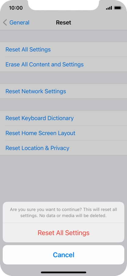 Press Reset All Settings. Wait a moment while the factory default settings are restored. Follow the instructions on the screen to set up your phone and prepare it for use.