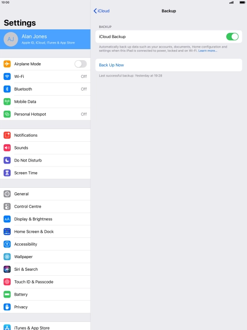 Press Back Up Now and wait while the tablet memory is backed up.
