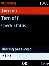 Key in your barring password and press the Navigation key. The default barring password is 0000.