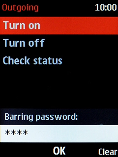 Key in your barring password and press the Navigation key. The default barring password is 0000.