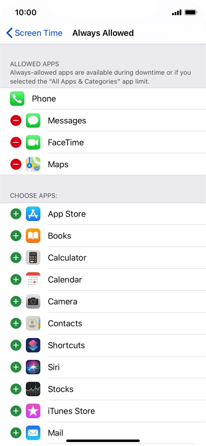Press the add icon next to the required app to add it to the list of allowed apps during Downtime.