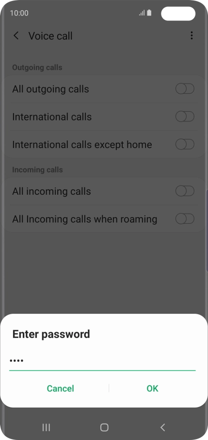 Key in your barring password and press OK. The default barring password is 0000.