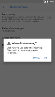 If you turn on data roaming, press OK.