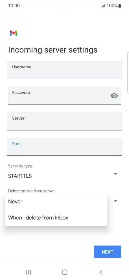 Press Never to keep email messages on the server when you delete them on your phone.