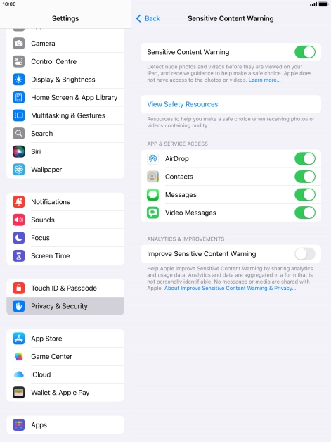 Press the indicators next to the required applications to turn the function on or off.