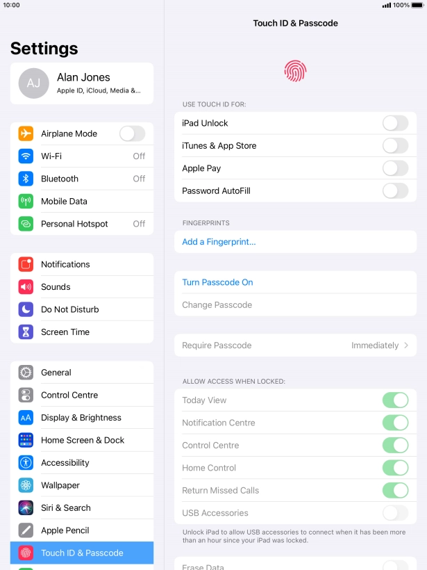 Press Turn Passcode On and key in a lock code of your own choice twice.