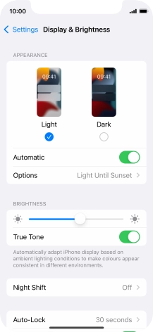If you turn on the function, press Options and follow the instructions on the screen to select the required period of time for Dark Mode.