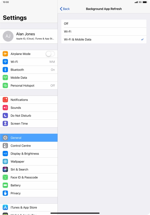 To turn off background refresh of apps, press Off.