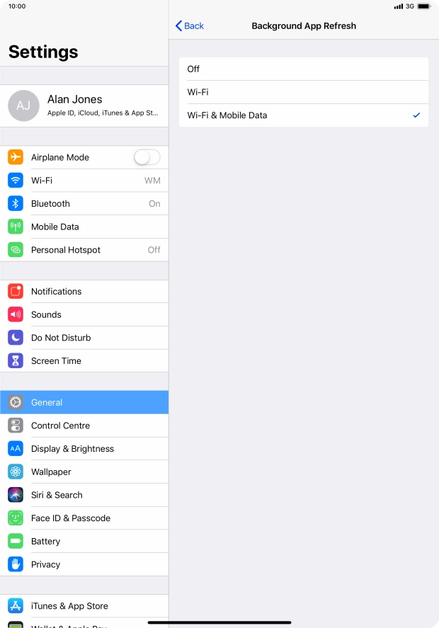 To turn off background refresh of apps, press Off.