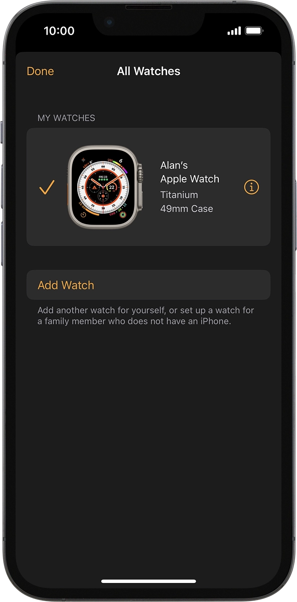 On your phone: Press the information icon next to the name of your Apple Watch.