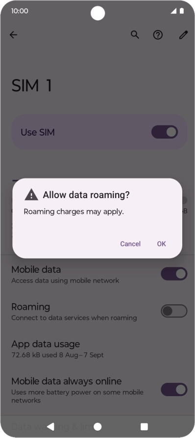 If you turn on data roaming, press OK.