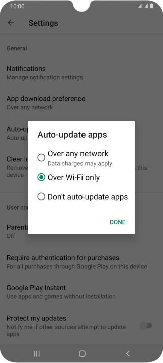 To turn on automatic update of apps using mobile network, press Over any network.