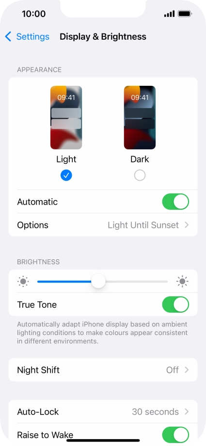 If you turn on the function, press Options and follow the instructions on the screen to select the required period of time for Dark Mode.