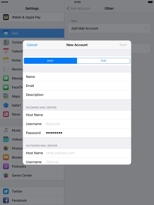 Press Username and key in the username for your email account.