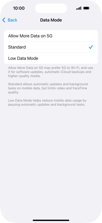 Press the required setting.