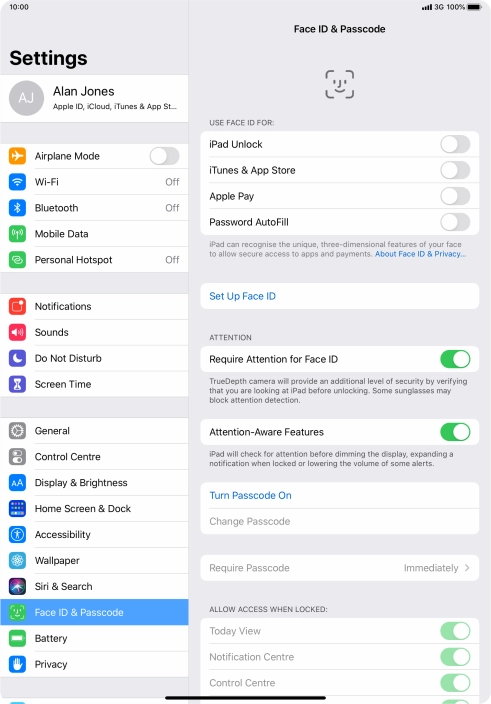 Press Turn Passcode On and key in a lock code of your own choice twice.