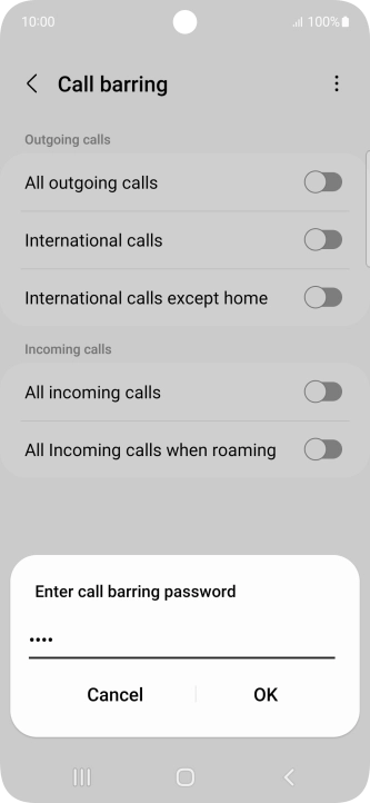 Key in your barring password and press OK. The default barring password is 0000.